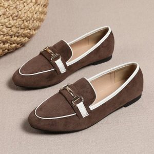 Metal Decor Color Block Fleece Vintage Loafers, Loafers, color:Coffee|size:43, Stylewe