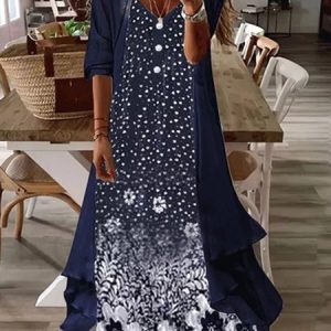 Women Floral V Neck Long Sleeve Comfy Casual Coat With Skirt Two-Piece Set, Sets, color:Navy Blue|size:3XL, Noracora