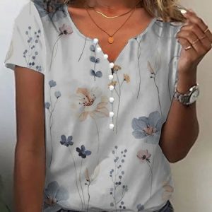 Casual Loose Floral V Neck T-Shirt, T-Shirts, color:Gray|size:XXL, JustFashionNow