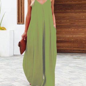 Casual Plain Loose Jumpsuit, Jumpsuits＆Rompers, color:Aqua|size:3XL, JustFashionNow