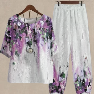 Print Lounge Sets For Women Cotton and Linen Matching Sets Two Piece Lounge Short Sleeve Round Neck Top and Loose Pants Set Printed Casual Sets Loose Ombre Crew Neck Casual Two-Piece Set, Suit Set, color:Purple|size:XXL, JustFashionNow