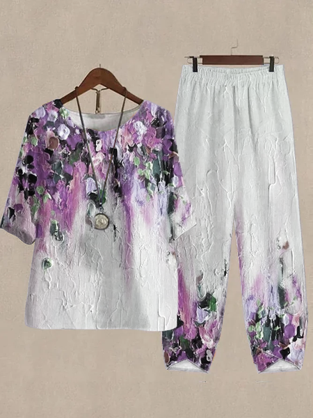 Print Lounge Sets For Women Cotton and Linen Matching Sets Two Piece Lounge Short Sleeve Round Neck Top and Loose Pants Set Printed Casual Sets Loose Ombre Crew Neck Casual Two-Piece Set, Suit Set, color:Purple|size:XXL, JustFashionNow