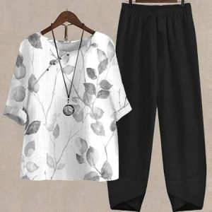 Women's Linen Set 2-Piece Pants and Printed Top Casual Comfort Loungewear Suit Floral Loose Casual Two-Piece Set Women's Two-Piece Clothing, Suit Set, color:Black-white|size:XXL, JustFashionNow