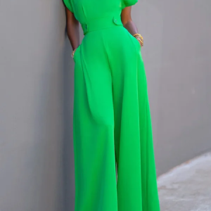 Notched Knitted Urban Jumpsuit, Jumpsuits＆Rompers, color:Green|size:XXL, JustFashionNow