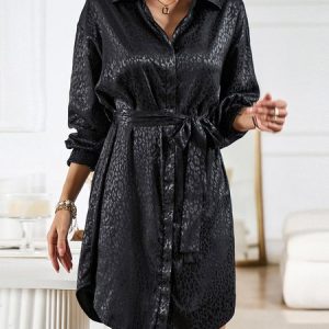 Women Plain Shirt Collar Long Sleeve Comfy Casual Midi Dress, Dresses, color:Black|size:XL, Noracora