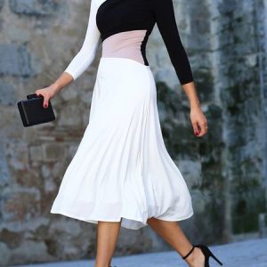 Elegant Crew Neck Color Block Long Sleeve Regular Fit Dress, Midi Dresses, color:White|size:XXL, Stylewe