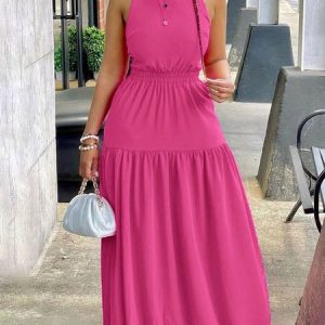 Long Daily Regular Fit Plain Elegant Dress, Maxi Dresses, color:Rose Red|size:XXL, Stylewe
