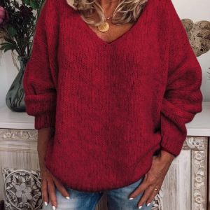 V-neck Long-sleeve Knitted Sweater, Sweaters, color:Wine Red|size:XXL, JustFashionNow
