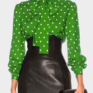 Long Sleeve Polka Dots Loose Elegant Stand Collar Blouse, Blouses and Shirts, color:Green|size:XXL, Stylewe