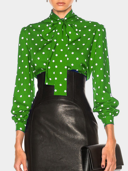 Long Sleeve Polka Dots Loose Elegant Stand Collar Blouse, Blouses and Shirts, color:Green|size:XXL, Stylewe