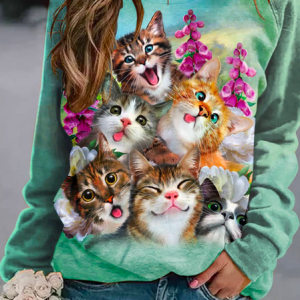 Casual Cat Crew Neck Loose Floral Sweatshirt, Sweatshirts & Hoodies, color:Multicolor|size:XXL, JustFashionNow