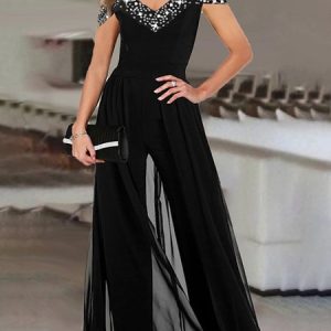 Casual V Neck Plain Jumpsuit, Jumpsuits＆Rompers, color:Black|size:3XL, JustFashionNow