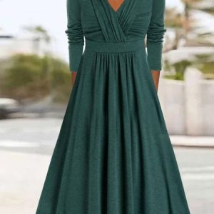 Women Plain V Neck Long Sleeve Comfy Casual Cross Maxi Dress, Maxi, color:Deep Green|size:XXL, Noracora