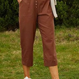 Women's Summer Cotton Linen Cropped Wide Leg Pants Capris Women Ladies Casual Loose Palazzo Pant Work Elastic Pocket, color:Coffee|size:5XL, Lilicloth.com