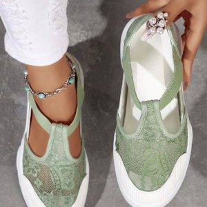 Breathable Mesh Floral Casual Slip On T-bar Sneakers, Sneakers, color:Green|size:40, JustFashionNow