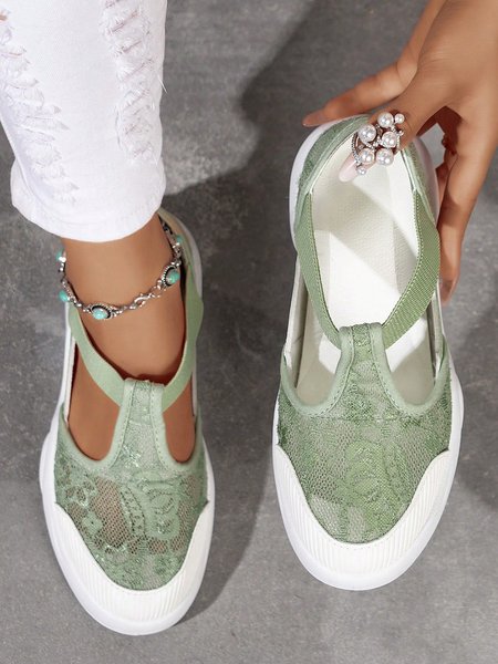 Breathable Mesh Floral Casual Slip On T-bar Sneakers, Sneakers, color:Green|size:40, JustFashionNow