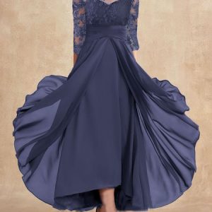 Chiffon Urban Lace Crew Neck Dress, JustFashionNow Formal Dresses, color:Blue|size:XXL,