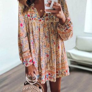 Bohemian Floral Long Sleeve Dress, Midi Dresses, Roselinlin - Online Catalog
