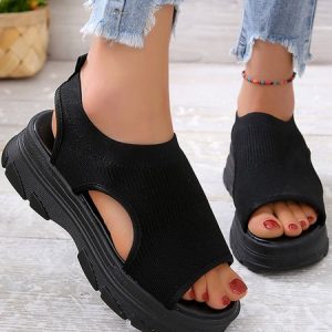 Solid Color Breathable Platform Flyweave Sports Sandals, Sandals, color:Black|size:40, JustFashionNow