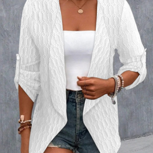 V Neck Long Sleeve Striped Regular Micro-Elasticity Loose Pilot Kimono For Women, Kimono, color:White|size:XXL, Noracora
