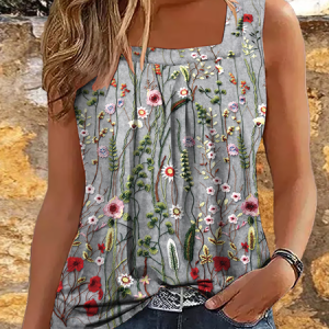 Women's Casual Loose Square Neck Floral Tank Top, color:Gray|size:XXL, Lilicloth.com