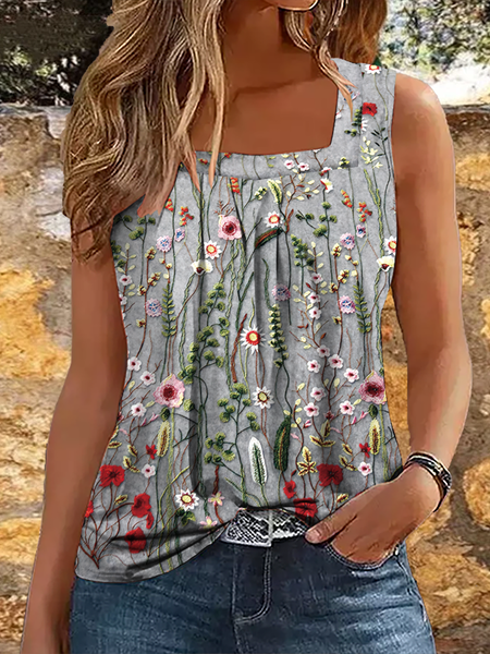Women's Casual Loose Square Neck Floral Tank Top, color:Gray|size:XXL, Lilicloth.com