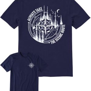 Men's Always Take The Scenic Route Funny Wild Compass Outdoors Hiking  Graphic Printing Front And Back Printed Tee Father's Day Gift Casual Cotton Text Letters T-Shirt, color:Purplish blue|size:3XL, Lilicloth.com