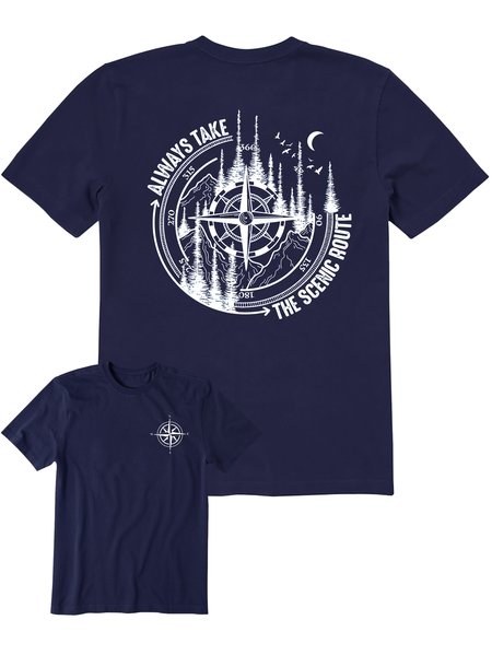 Men's Always Take The Scenic Route Funny Wild Compass Outdoors Hiking Graphic Printing Front And Back Printed Tee Father's Day Gift Casual Cotton Text Letters T-Shirt, color:Purplish blue|size:3XL, Lilicloth.com
