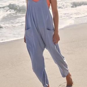 Casual Plain V Neck Jumpsuit, Jumpsuits＆Rompers, color:Light Blue|size:3XL, JustFashionNow