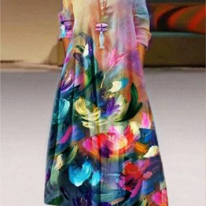 Casual 3/4 Sleeve Crew Neck Printed Dress, Maxi, color:Multicolor|size:3XL, Noracora