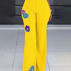 Floral Urban Regular Fit Pants, Pants, color:Yellow|size:XXL, Stylewe
