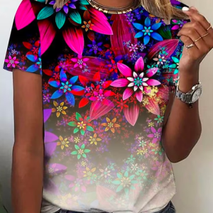 Crew Neck Floral Casual Loose T-Shirt, T-Shirts, color:Pink|size:XXL, JustFashionNow
