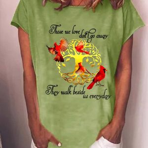 Cardinals Tree of Life Those We Love Don't Go Away They Walk Beside Us Everyday Loosen Short Sleeve T-Shirt, color:Green|size:3XL, Lilicloth.com
