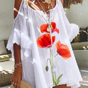 Short Sleeve Casual Weaving Dress, Lace Dresses, color:White|size:XXL, JustFashionNow