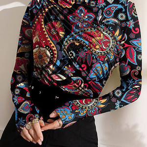 High Elasticity Elegant Regular Fit Long sleeve Paisley T-Shirt, Tees, color:As Picture|size:XXL, Stylewe