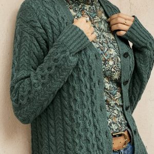 Women Yarn/Wool Yarn Plain Long Sleeve Comfy Ethnic Cardigan, Cardigans, color:Green|size:XXL, Noracora