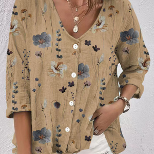 Three Quarter Sleeve Floral Regular Loose Shirt For Women, Blouses, color:Khaki|size:3XL, Noracora