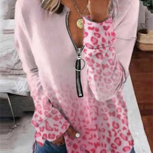 Casual Leopard V Neck Sweatshirt, Sweatshirts & Hoodies, color:Pink|size:3XL, JustFashionNow