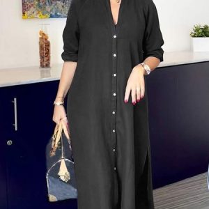 V Neck Loose Urban Plain Dress, Midi Dresses, color:Black|size:XXL, Stylewe