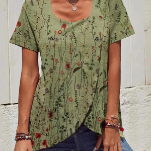 Loose Floral Casual Crew Neck Shirt, Shirts & Blouses, color:Green|size:XXL, JustFashionNow