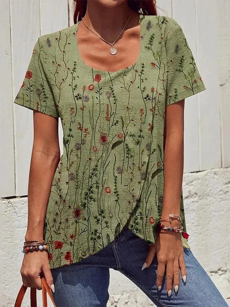 Loose Floral Casual Crew Neck Shirt, Shirts & Blouses, color:Green|size:XXL, JustFashionNow