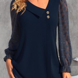 Long Sleeve Plain Lace Regular Loose Shirt For Women, Blouses, color:Deep Blue|size:XXL, Noracora