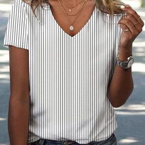 Striped Casual V Neck Short Sleeve T-Shirt, T-shirts, color:White|size:XXL, Noracora