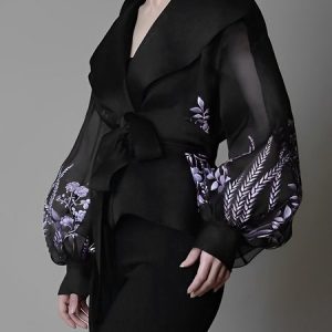 Regular Fit Elegant Floral Shawl Collar Long Sleeve Blouse, Blouses and Shirts, color:Black|size:XXL, Stylewe