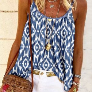 Loose Casual Ethnic Printed Spaghetti Cami, Tanks & Camis, color:Blue|size:XXL, JustFashionNow