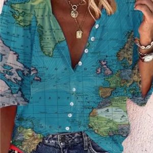Casual Long Sleeve V Neck Blouse, Shirts & Blouses, color:Blue|size:3XL, JustFashionNow