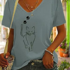 Casual V Neck Cotton Cat T-Shirt, T-Shirts, color:Gray|size:XXL, JustFashionNow