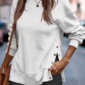 JFN Round Neck Split Metal Clasp Buckle Loose Sweatshirt, Sweatshirts & Hoodies, color:White|size:XXL, JustFashionNow
