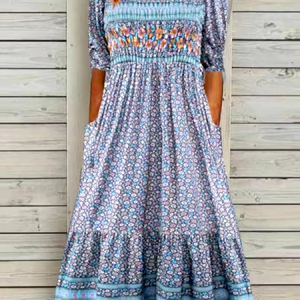 Women Disty Floral Crew Neck Half Sleeve Comfy Vintage Maxi Dress, Maxi, color:flower|size:3XL, Noracora