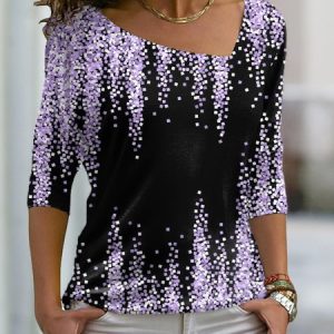 JFN Asymmetrical V Neck Gradient Casual T-Shirt, T-Shirts, color:Black-purple|size:XXL, JustFashionNow
